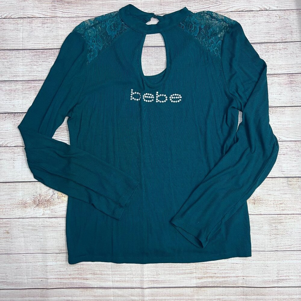 Bebe Teal‎ Rhinestone Lace Long Sleeve Top NWT Womens Size X-Large
